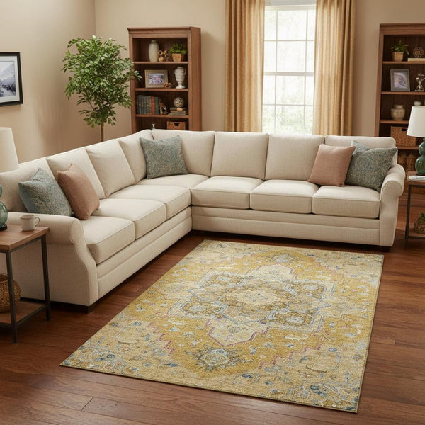 HomeRoots 10' Gold, Blue, and Gray Oriental Washable Area Rug - UV Protected, Stain-Resistant, Easy Care Style 681311