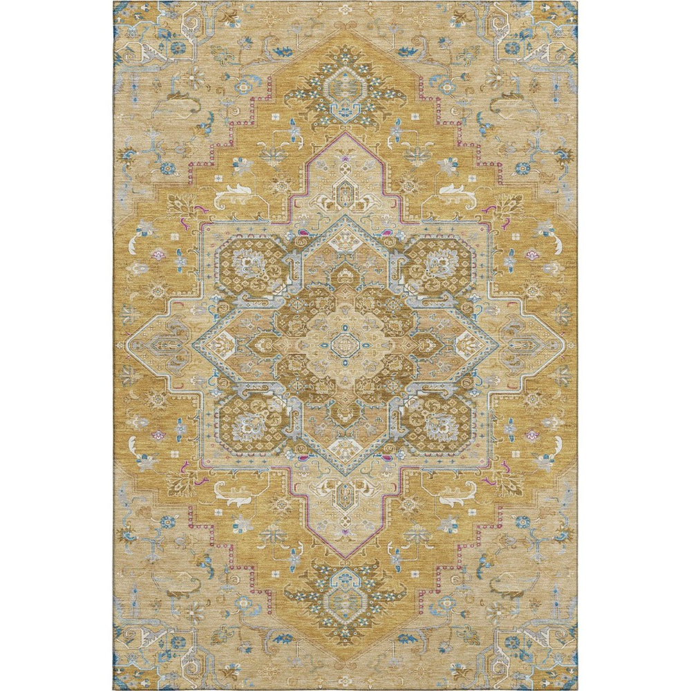 HomeRoots 10' Gold, Blue, and Gray Oriental Washable Area Rug - UV Protected, Stain-Resistant, Easy Care Style 681311