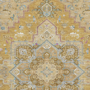 HomeRoots 10' Gold, Blue, and Gray Oriental Washable Area Rug - UV Protected, Stain-Resistant, Easy Care Style 681311