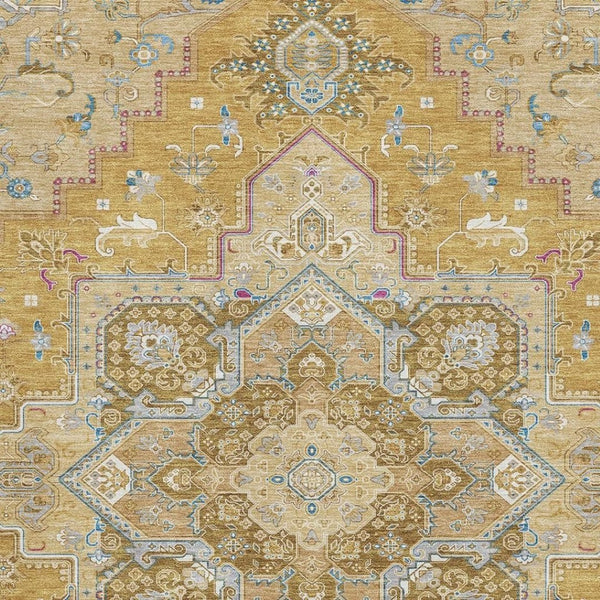 HomeRoots 10' Gold, Blue, and Gray Oriental Washable Area Rug - UV Protected, Stain-Resistant, Easy Care Style 681311