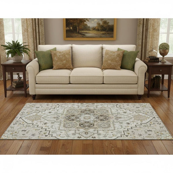 HomeRoots 5' X 8' Ivory Gray Beige Washable Area Rug – Stain Resistant, UV Protected, Perfect for Busy Homes! 681313