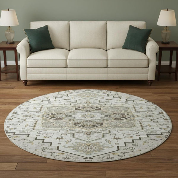 HomeRoots 8' Elegant Ivory Gray Beige Oriental Washable Round Rug with UV Protection for Stylish Durability 681314