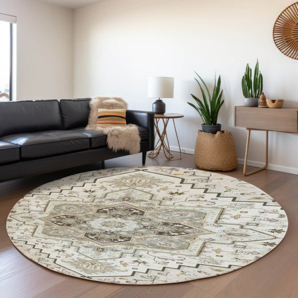 HomeRoots 8' Elegant Ivory Gray Beige Oriental Washable Round Rug with UV Protection for Stylish Durability 681314