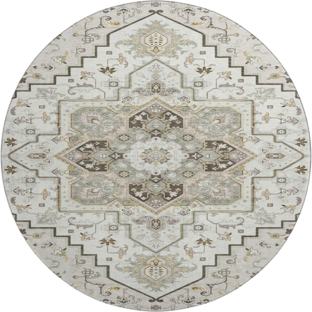 HomeRoots 8' Elegant Ivory Gray Beige Oriental Washable Round Rug with UV Protection for Stylish Durability 681314
