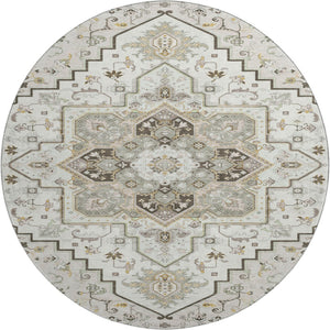HomeRoots 8' Elegant Ivory Gray Beige Oriental Washable Round Rug with UV Protection for Stylish Durability 681314