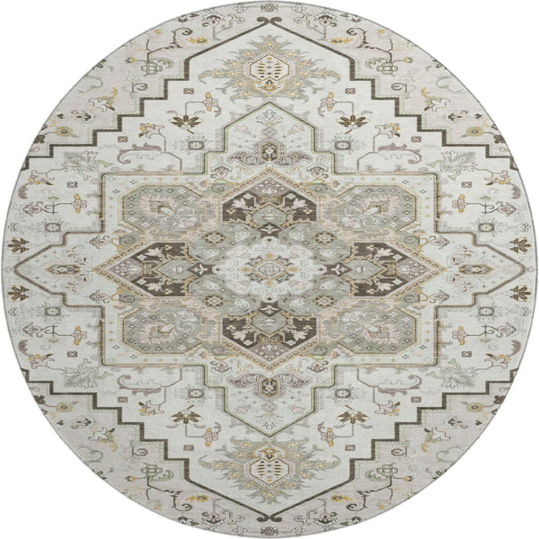 HomeRoots 8' Elegant Ivory Gray Beige Oriental Washable Round Rug with UV Protection for Stylish Durability 681314
