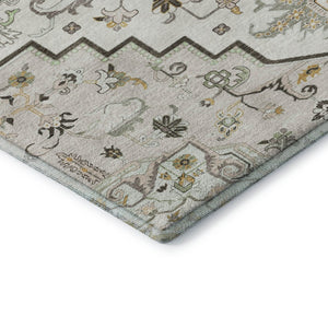 HomeRoots 8' Elegant Ivory Gray Beige Oriental Washable Round Rug with UV Protection for Stylish Durability 681314