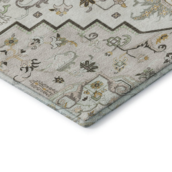 HomeRoots 8' Elegant Ivory Gray Beige Oriental Washable Round Rug with UV Protection for Stylish Durability 681314