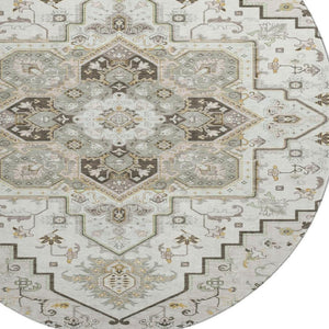 HomeRoots 8' Elegant Ivory Gray Beige Oriental Washable Round Rug with UV Protection for Stylish Durability 681314