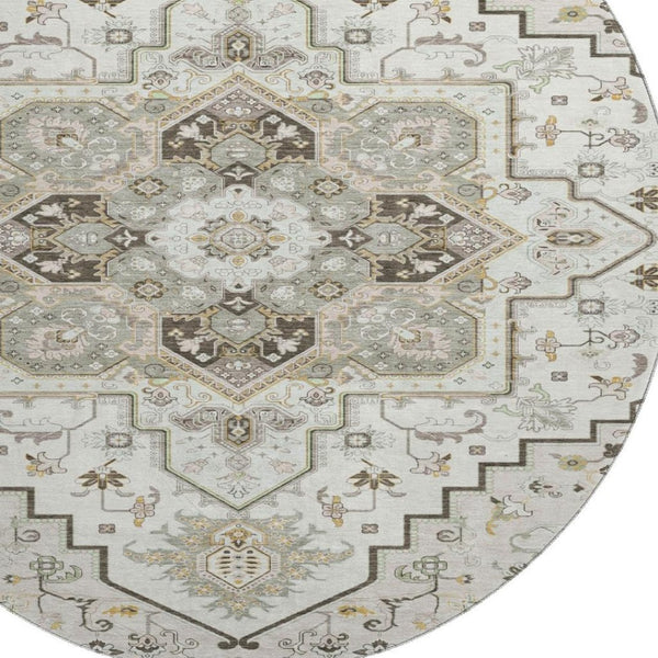 HomeRoots 8' Elegant Ivory Gray Beige Oriental Washable Round Rug with UV Protection for Stylish Durability 681314