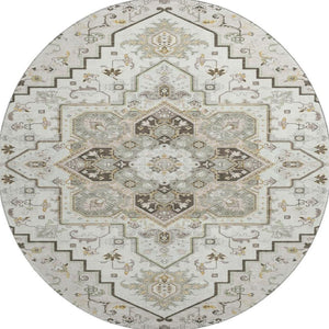 HomeRoots 8' Elegant Ivory Gray Beige Oriental Washable Round Rug with UV Protection for Stylish Durability 681314
