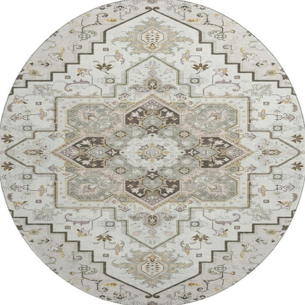 HomeRoots 8' Elegant Ivory Gray Beige Oriental Washable Round Rug with UV Protection for Stylish Durability 681314