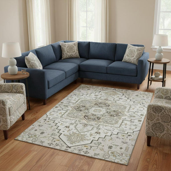 HomeRoots 8' X 10' Ivory Gray Beige Oriental Area Rug – Durable, Washable, Stain Resistant with UV Protection 681315