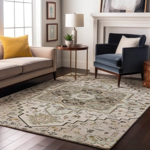 HomeRoots 8' X 10' Ivory Gray Beige Oriental Area Rug – Durable, Washable, Stain Resistant with UV Protection 681315