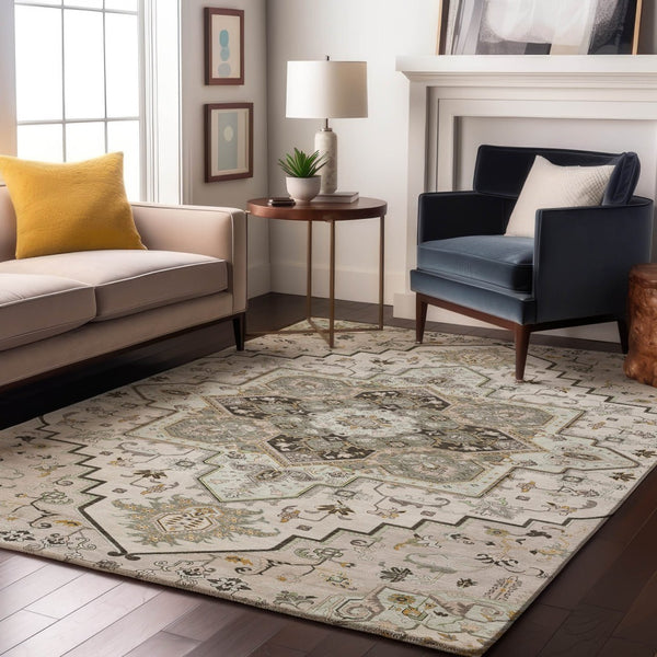 HomeRoots 8' X 10' Ivory Gray Beige Oriental Area Rug – Durable, Washable, Stain Resistant with UV Protection 681315