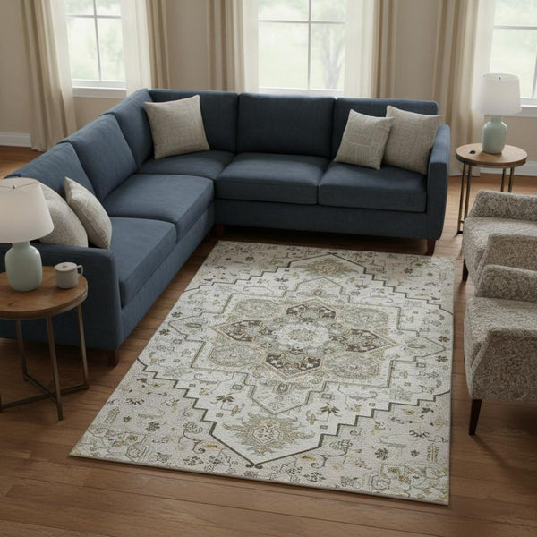 HomeRoots 9' X 12' Ivory Gray Beige Oriental Washable Area Rug – Durable, Stain Resistant, UV Protected Elegance 681316