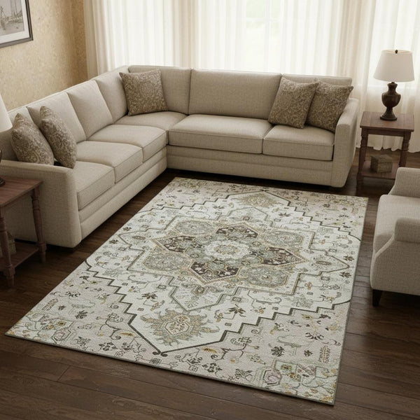 HomeRoots 10' X 14' Ivory Gray Beige Oriental Washable Area Rug – Stain Resistant & UV Protected for Homes 681317