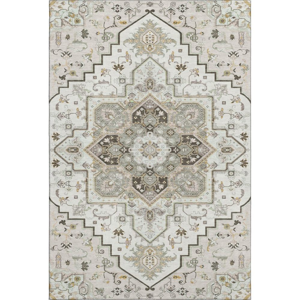 HomeRoots 10' X 14' Ivory Gray Beige Oriental Washable Area Rug – Stain Resistant & UV Protected for Homes 681317