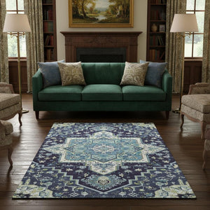 HomeRoots 5' x 8' Washable Navy Blue, Ivory & Olive Green Oriental Area Rug - Durable, Stylish & UV Protected! 681319
