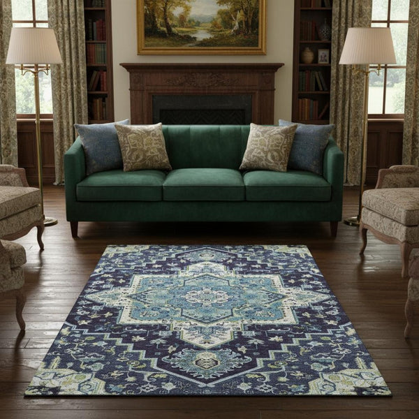 HomeRoots 5' x 8' Washable Navy Blue, Ivory & Olive Green Oriental Area Rug - Durable, Stylish & UV Protected! 681319