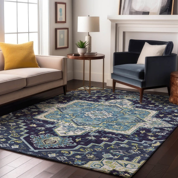 HomeRoots 5' x 8' Washable Navy Blue, Ivory & Olive Green Oriental Area Rug - Durable, Stylish & UV Protected! 681319