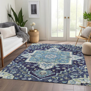 HomeRoots 5' x 8' Washable Navy Blue, Ivory & Olive Green Oriental Area Rug - Durable, Stylish & UV Protected! 681319
