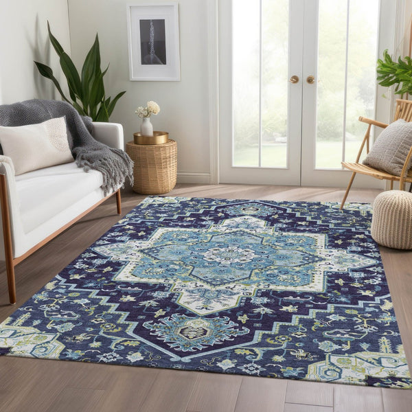 HomeRoots 5' x 8' Washable Navy Blue, Ivory & Olive Green Oriental Area Rug - Durable, Stylish & UV Protected! 681319