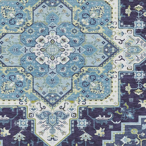 HomeRoots 5' x 8' Washable Navy Blue, Ivory & Olive Green Oriental Area Rug - Durable, Stylish & UV Protected! 681319