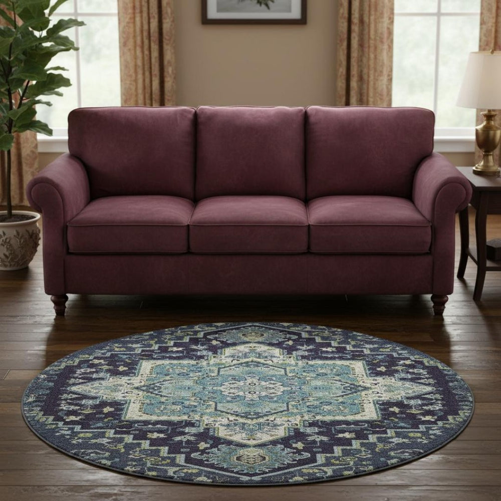 HomeRoots 8' Navy Blue Oriental Round Rug - Washable, Stain-Resistant with UV Protection for Family Homes 681320
