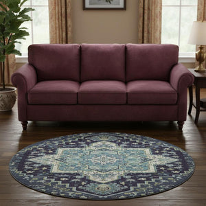 HomeRoots 8' Navy Blue Oriental Round Rug - Washable, Stain-Resistant with UV Protection for Family Homes 681320