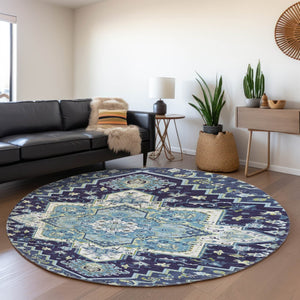 HomeRoots 8' Navy Blue Oriental Round Rug - Washable, Stain-Resistant with UV Protection for Family Homes 681320