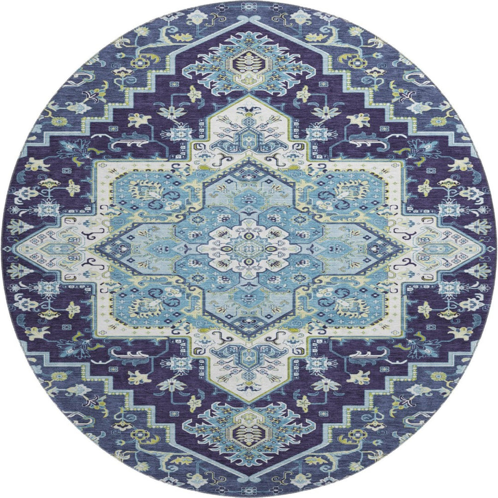 HomeRoots 8' Navy Blue Oriental Round Rug - Washable, Stain-Resistant with UV Protection for Family Homes 681320