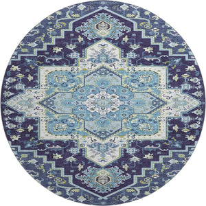 HomeRoots 8' Navy Blue Oriental Round Rug - Washable, Stain-Resistant with UV Protection for Family Homes 681320