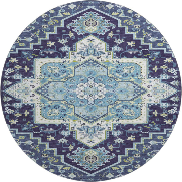 HomeRoots 8' Navy Blue Oriental Round Rug - Washable, Stain-Resistant with UV Protection for Family Homes 681320