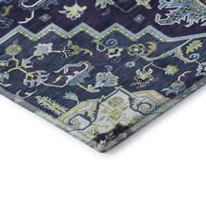 HomeRoots 8' Navy Blue Oriental Round Rug - Washable, Stain-Resistant with UV Protection for Family Homes 681320