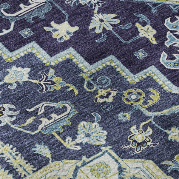 HomeRoots 8' Navy Blue Oriental Round Rug - Washable, Stain-Resistant with UV Protection for Family Homes 681320