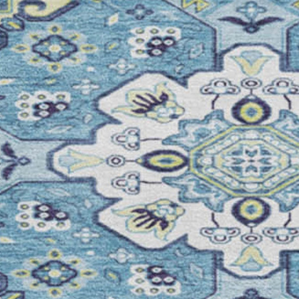 HomeRoots 8' Navy Blue Oriental Round Rug - Washable, Stain-Resistant with UV Protection for Family Homes 681320