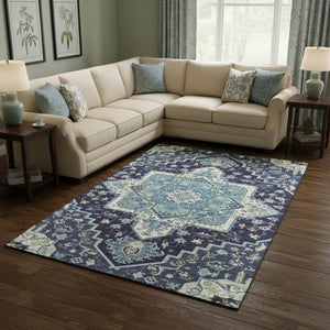 HomeRoots 8' X 10' Navy Blue Ivory Olive Green Washable Oriental Area Rug with UV Protection & Stain Resistance 681321