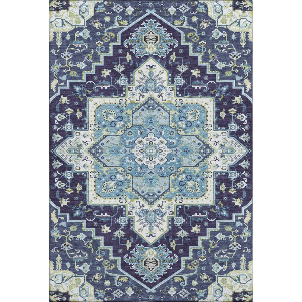 HomeRoots 8' X 10' Navy Blue Ivory Olive Green Washable Oriental Area Rug with UV Protection & Stain Resistance 681321