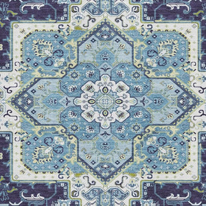 HomeRoots 8' X 10' Navy Blue Ivory Olive Green Washable Oriental Area Rug with UV Protection & Stain Resistance 681321