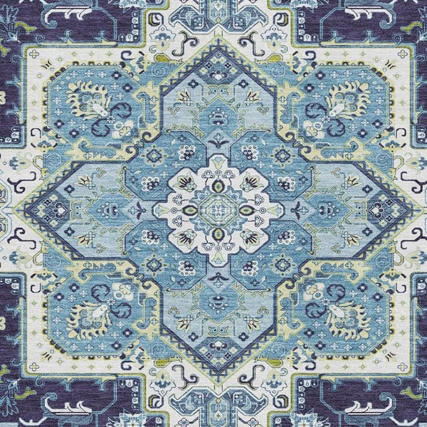 HomeRoots 8' X 10' Navy Blue Ivory Olive Green Washable Oriental Area Rug with UV Protection & Stain Resistance 681321