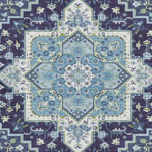 HomeRoots 8' X 10' Navy Blue Ivory Olive Green Washable Oriental Area Rug with UV Protection & Stain Resistance 681321