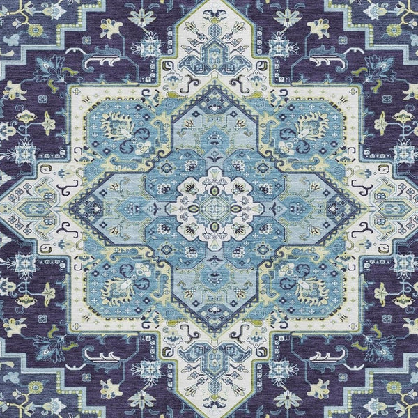 HomeRoots 8' X 10' Navy Blue Ivory Olive Green Washable Oriental Area Rug with UV Protection & Stain Resistance 681321