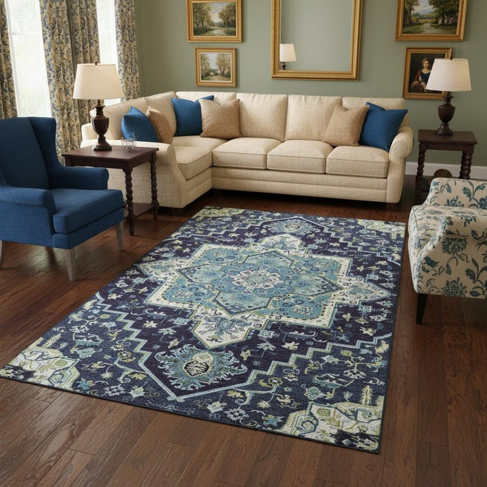 HomeRoots 9' X 12' Navy Blue Oriental Washable Area Rug with UV Protection - Durable & Stylish for Homes 681322