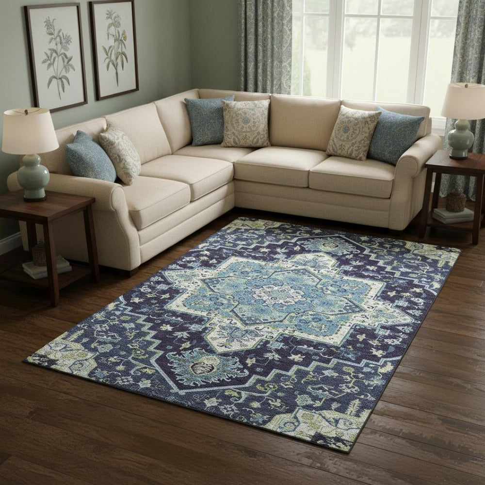 HomeRoots 10' X 14' Navy Blue Oriental Area Rug - Stylish, Washable, UV-Protected, Perfect for High-Traffic Spaces 681323