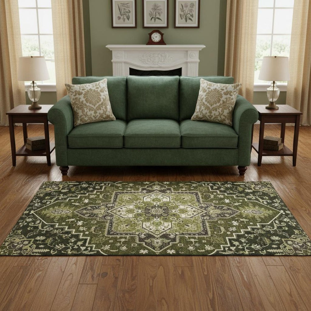 HomeRoots 5' X 8' Olive Green Ivory Beige Oriental Area Rug – Washable, UV Protected, Stain Resistant for Homes 681325