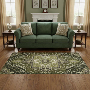 HomeRoots 5' X 8' Olive Green Ivory Beige Oriental Area Rug – Washable, UV Protected, Stain Resistant for Homes 681325