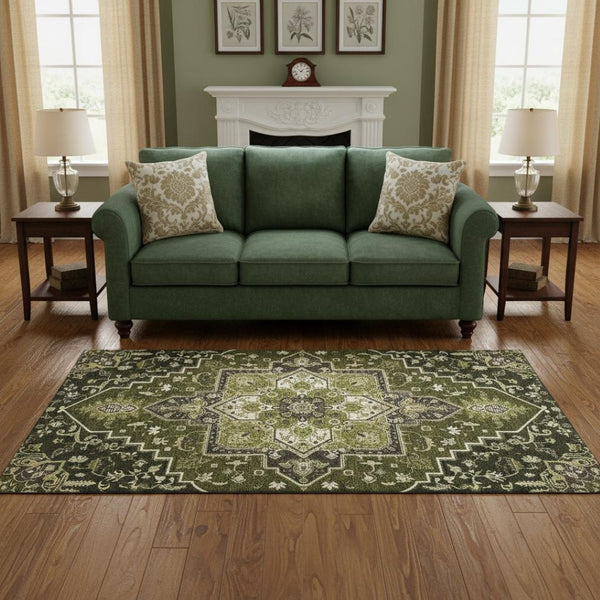 HomeRoots 5' X 8' Olive Green Ivory Beige Oriental Area Rug – Washable, UV Protected, Stain Resistant for Homes 681325