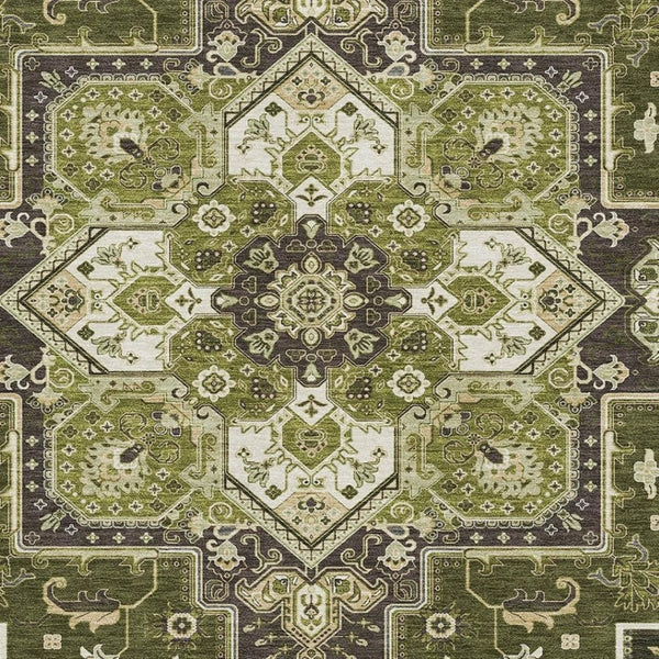 HomeRoots 5' X 8' Olive Green Ivory Beige Oriental Area Rug – Washable, UV Protected, Stain Resistant for Homes 681325