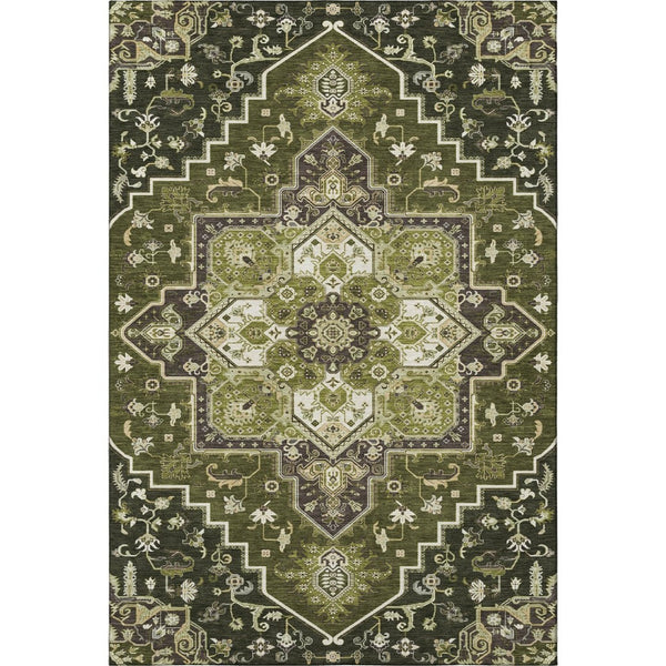 HomeRoots 5' X 8' Olive Green Ivory Beige Oriental Area Rug – Washable, UV Protected, Stain Resistant for Homes 681325